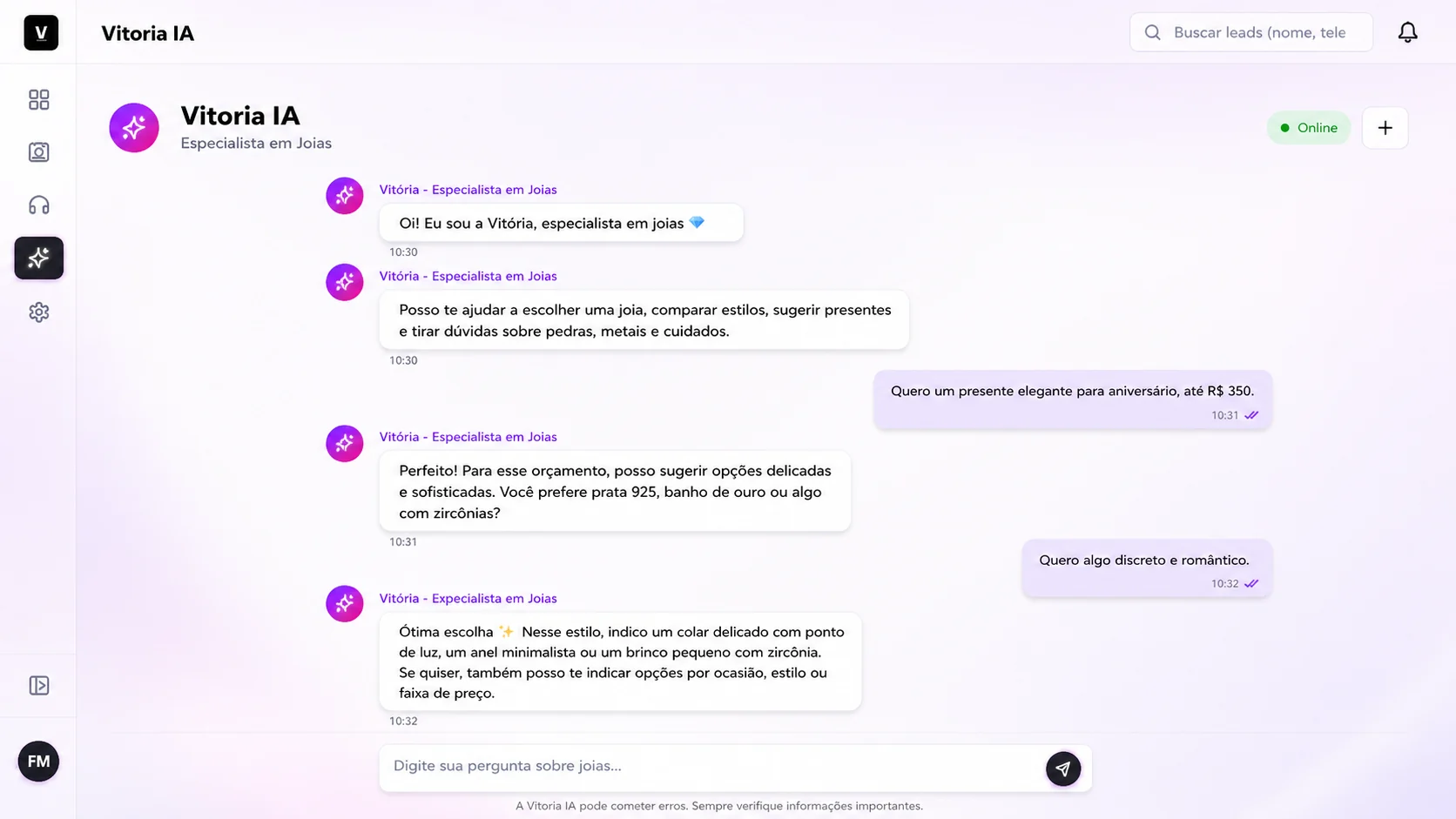 Conversa com a Vitoria IA, agente de inteligencia artificial do VitoriaCRM, sugerindo joias para um cliente
