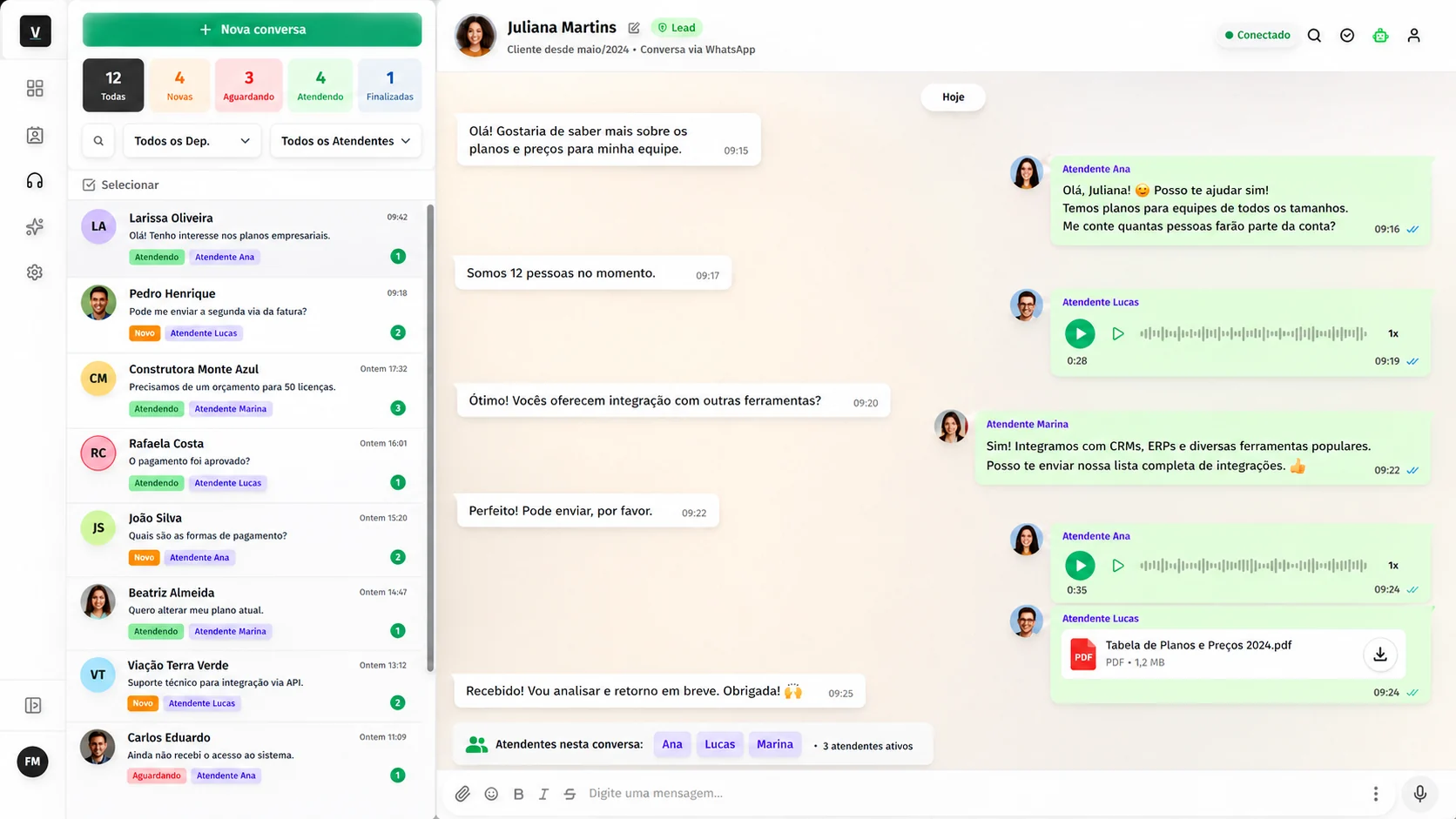 Atendimento no WhatsApp pelo VitoriaCRM com varios atendentes atuando na mesma conversa