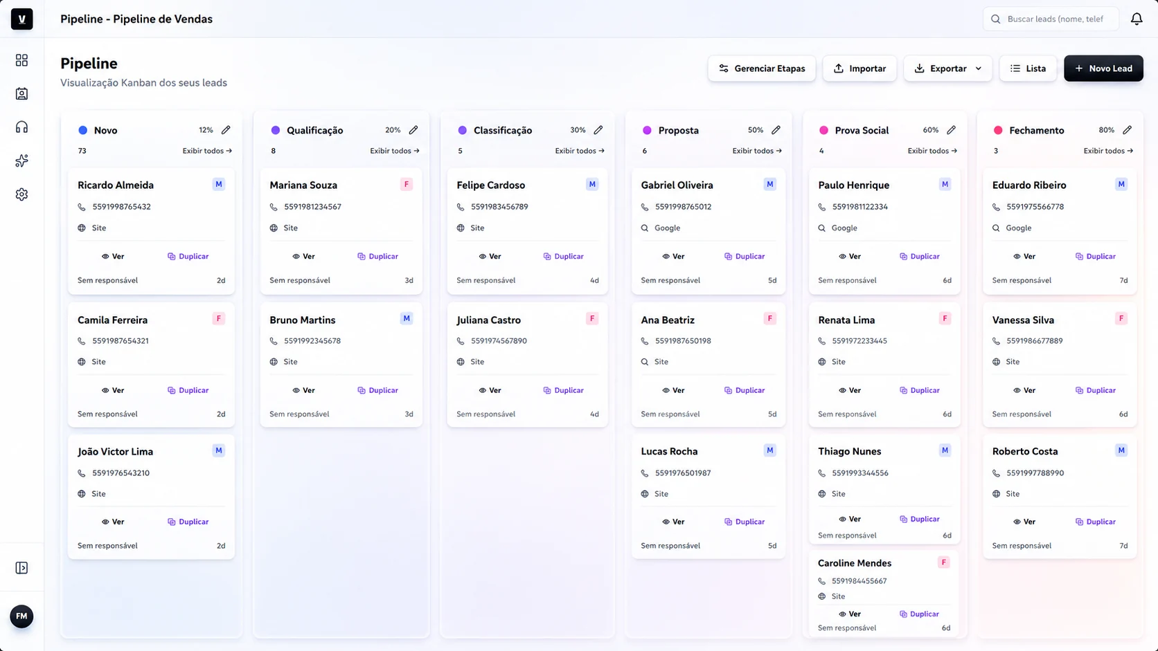 Pipeline Kanban do VitoriaCRM com os leads distribuidos entre as etapas do funil de vendas