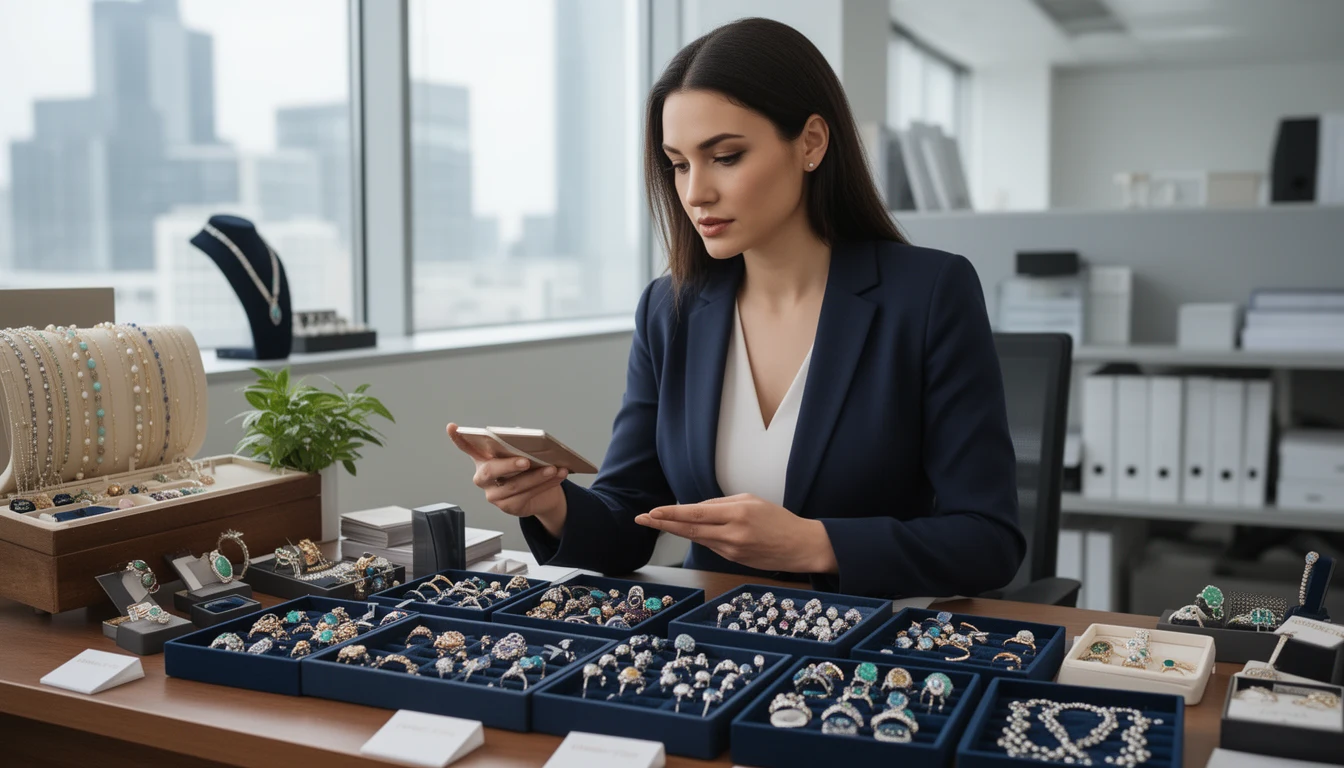 Mulher analisando inventário de semi-joias para revenda lucrativa